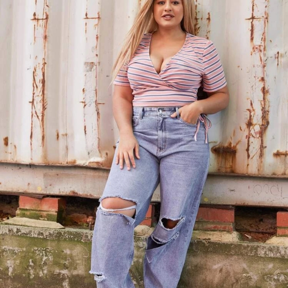 Surplice Neck Drawstring Side Striped Top